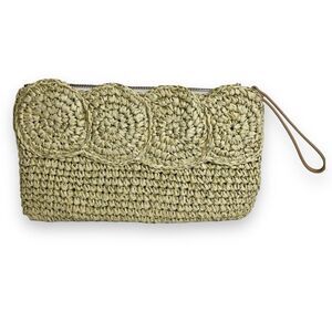 Talbots Paper Straw Gold Metallic Tan Leather Trim Top Zip Clutch Bag Strap